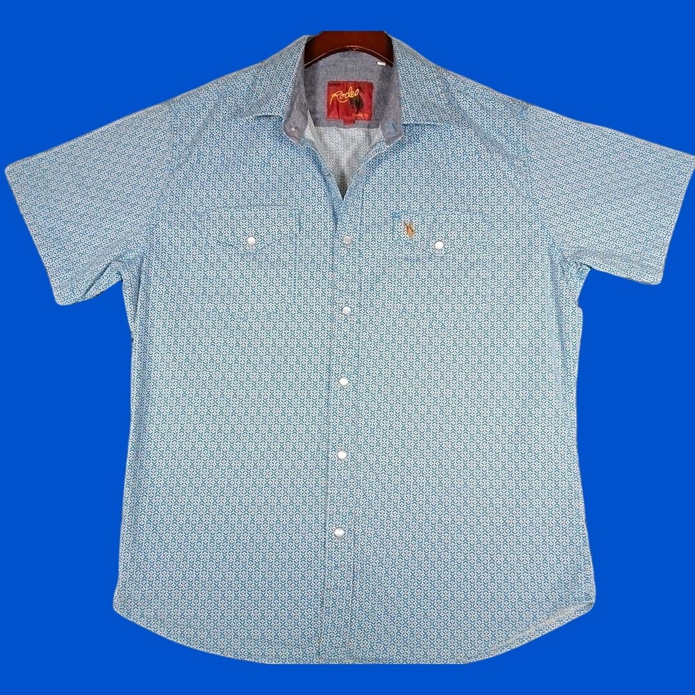 Rodeo Clothing Shirt Men's L Pearl Snap Short Sleeve Blue Geometric Western